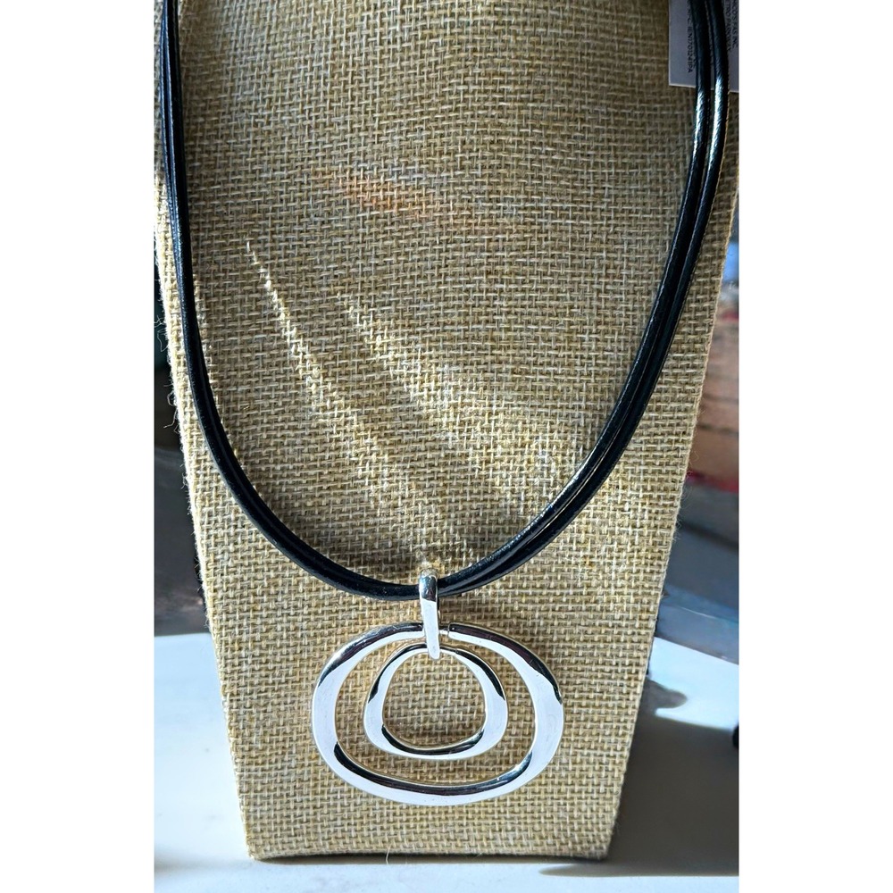 Chico's Black Faux Leather Cord Necklace Silver Tone Asym Charm Pendant